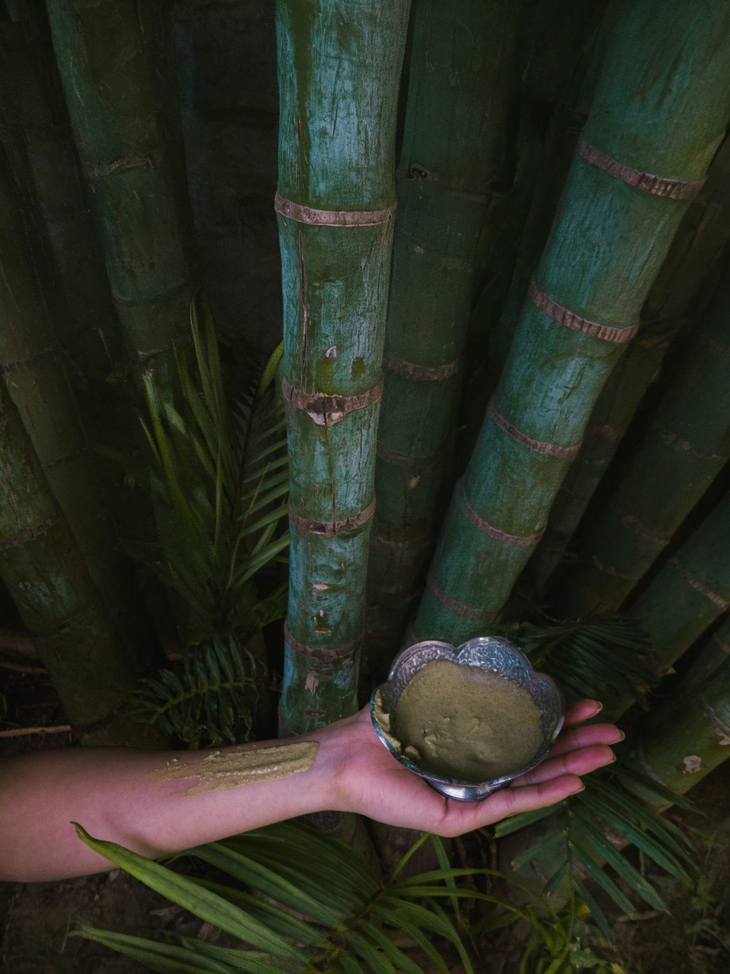 Hand holding a bowl of Ubtaan Organic Face Pack  by Prakriti in front of bamboo and foliage
