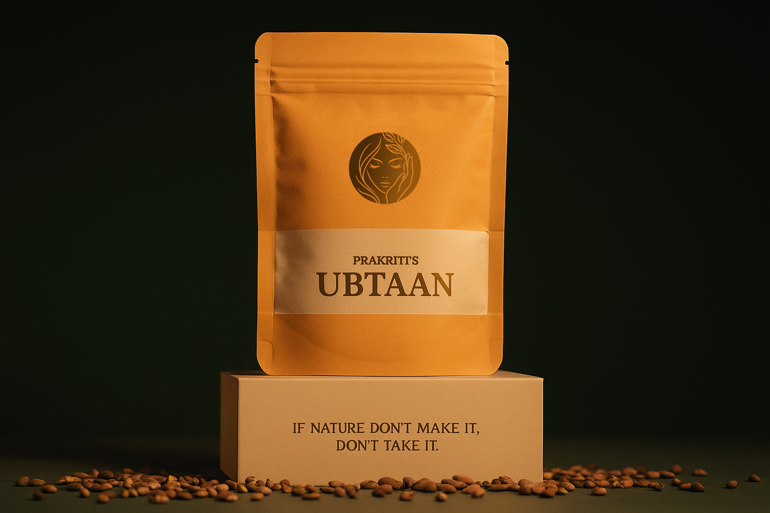 Prakriti Ubtaan coffee packaging with coffee beans on a dark background
